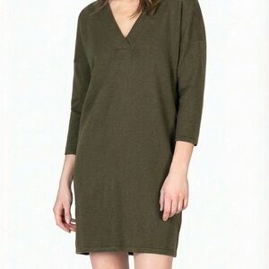 Lilla P Women’s V-Neck Crossover 3/4 Sleeve Olive Green Sweater Dress